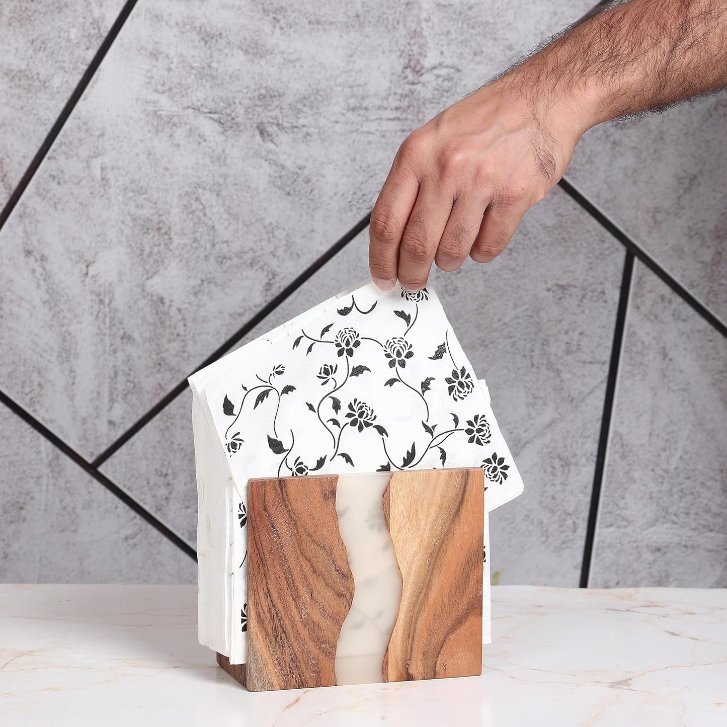 Acacia wood & Transparent Epoxy resin Napkin holder / Cloudy White