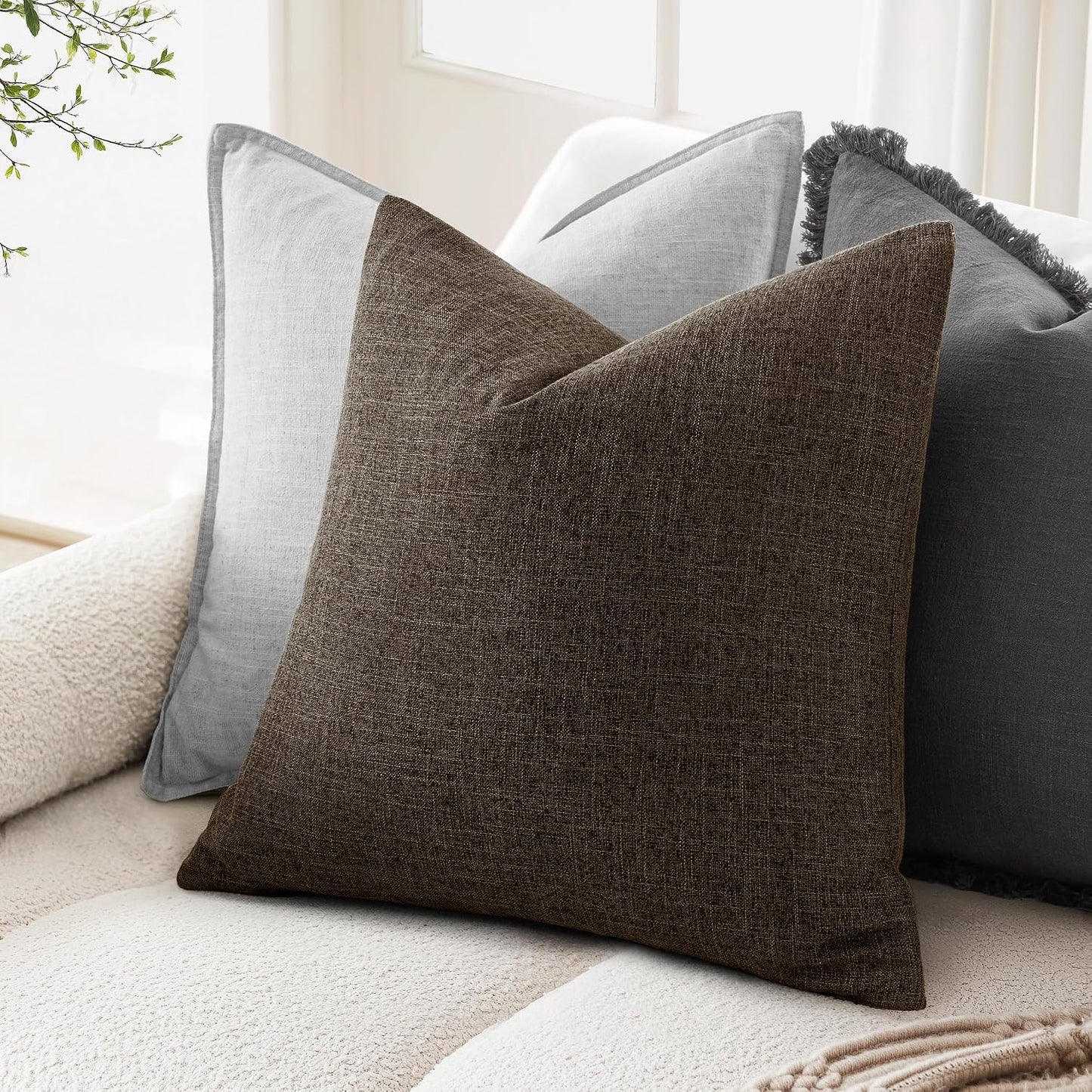 Decorative Linen Burlap Pillow Covers Farmhouse Boho Accent / 18 x 18 / Dark Brown / Set of 2