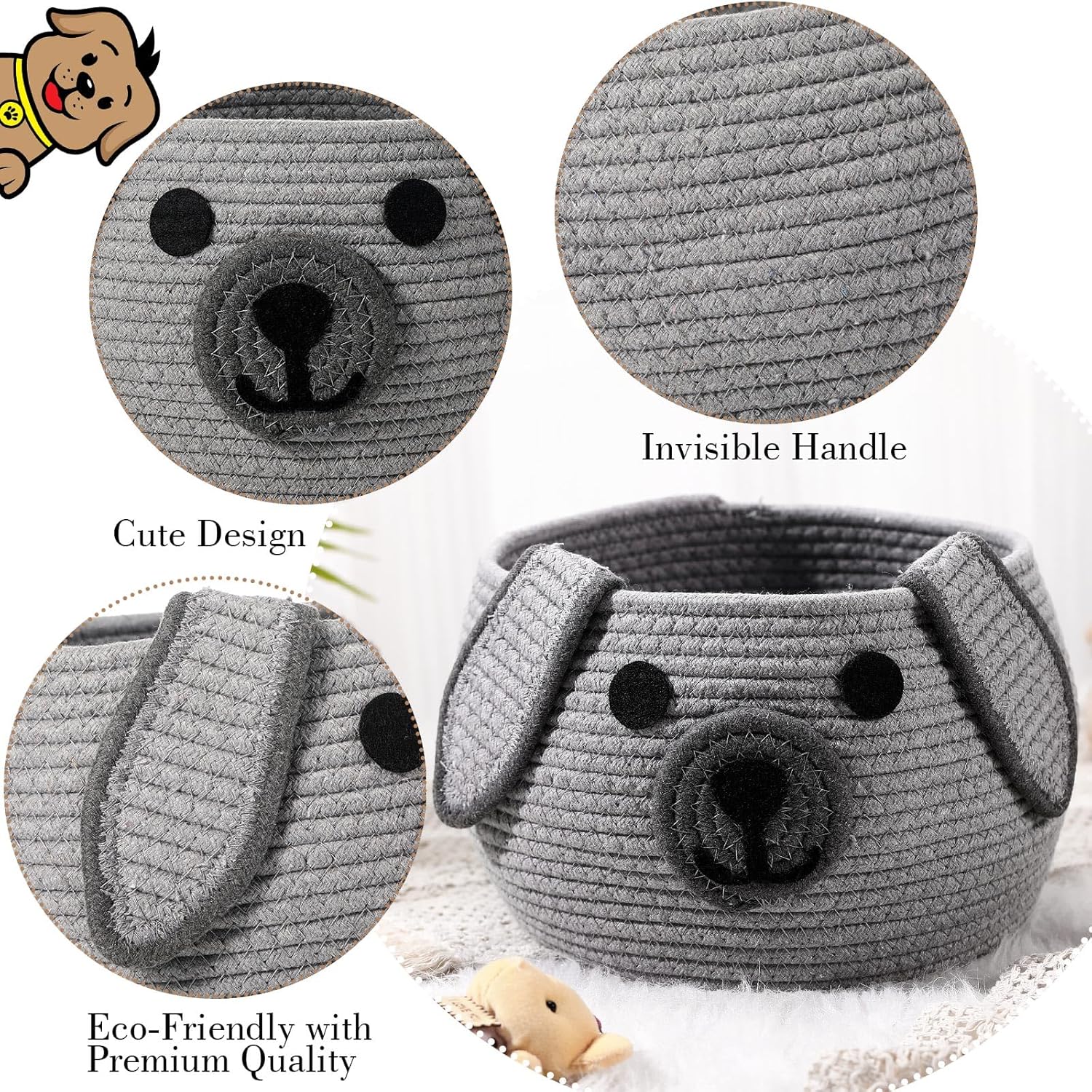 Dog Woven Basket Woven Cotton Rope Puppy Animal Storage Basket for Laundry Toy Gift / Gray / 13 x 8