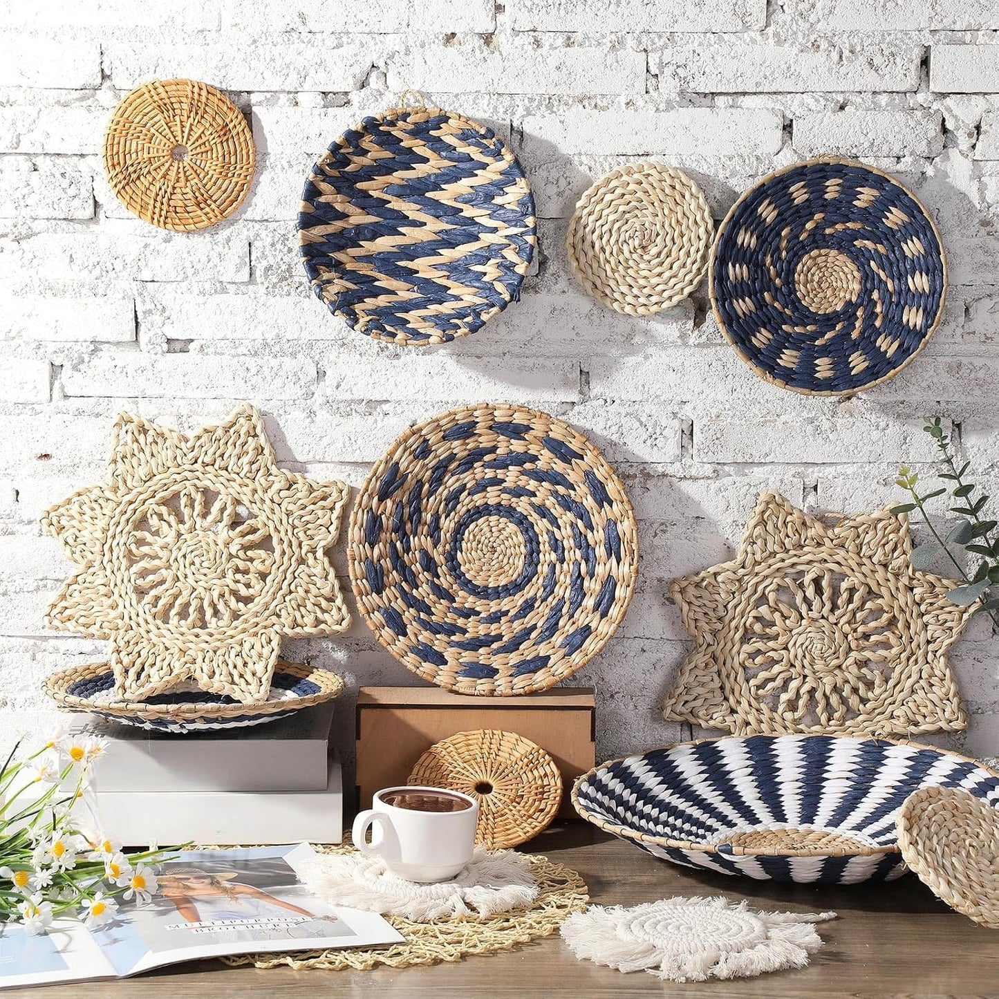 Boho Wall Basket Decor Woven Rattan Seagrass Wall Decor Hanging Rustic / Blue Style / Set of 15