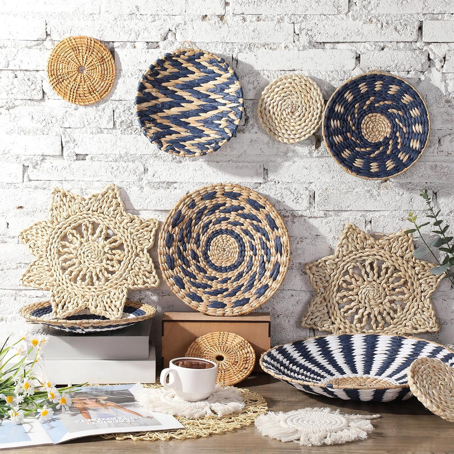 Boho Wall Basket Decor Woven Rattan Seagrass Wall Decor Hanging Rustic / Blue Style / Set of 15