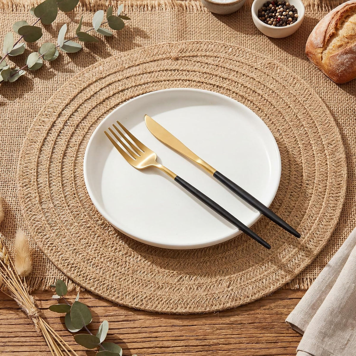 24 Pcs 13 Inch Round Burlap Woven Placemat Boho Jute Braided Charger Bulk Rustic Vintage Natural Brown Heat Resistant