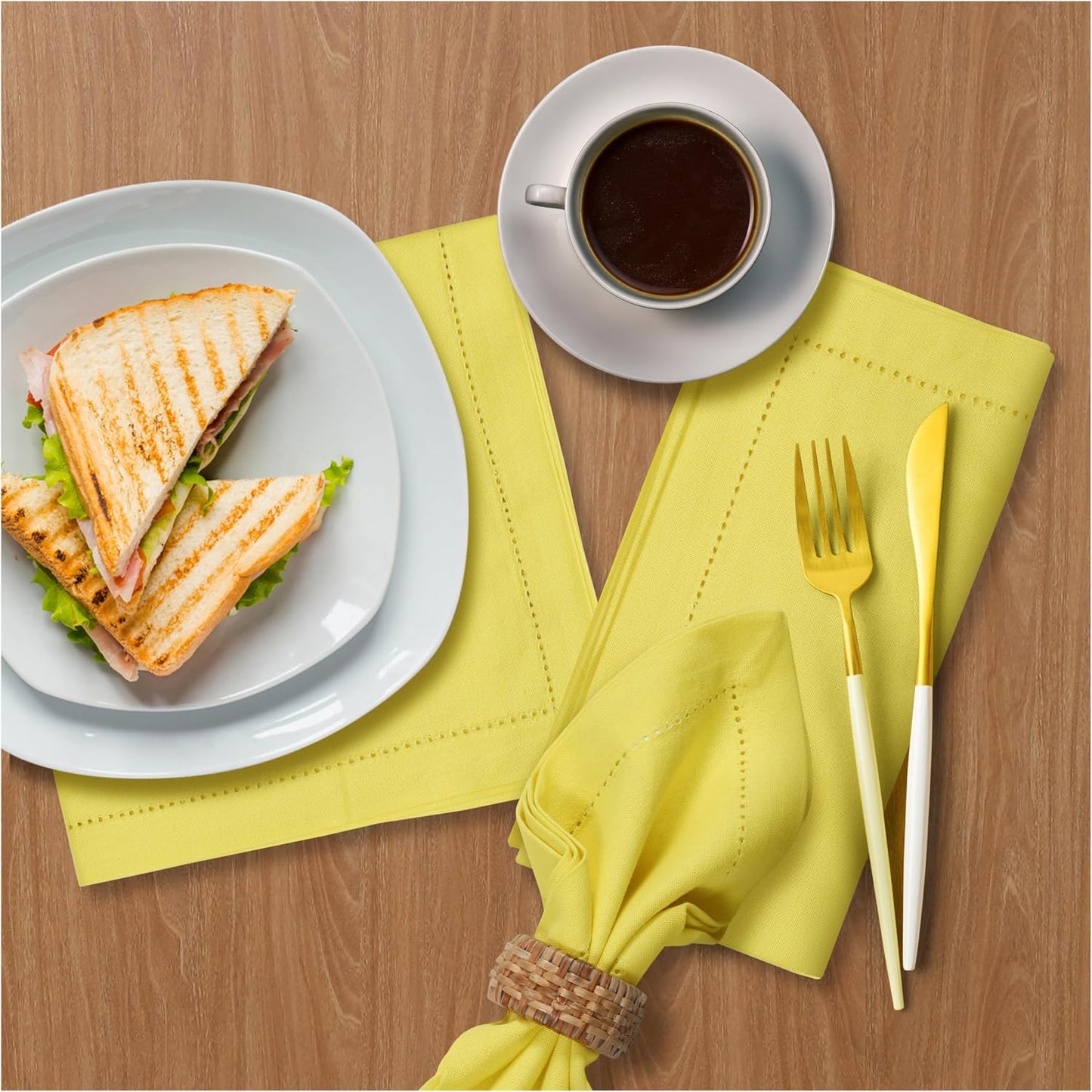 Bedding Craft Hemstitched Cotton Cloth Dinner Napkins Set of 12 – 18x18 Golden Kiwi – Reusable Machine Washable Fabric
