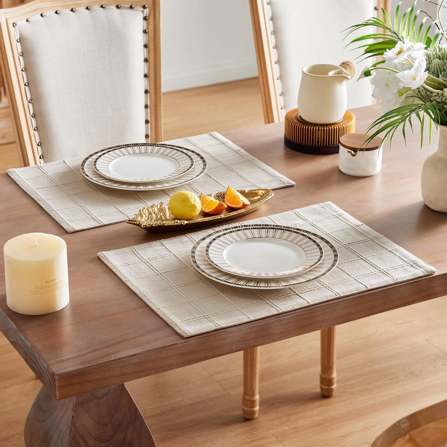 Linen Checked Farmhouse Placemats Set of 6, Neutral Beige 13x19in | Double Layer, Reversible, Thick Textured Table