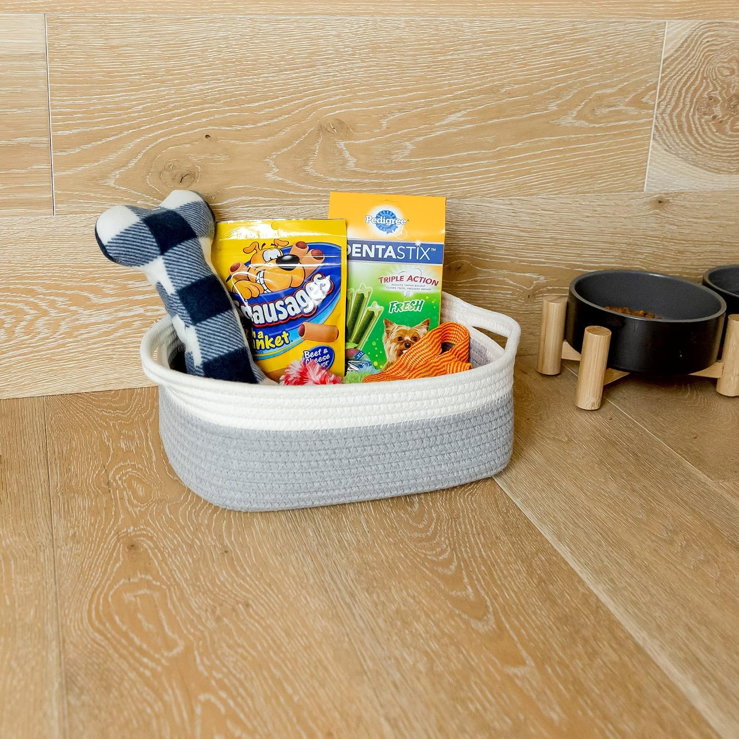 5-Piece Rectangle Storage Basket Set- Natural Cotton Rope Woven Baskets / Off White & Gray