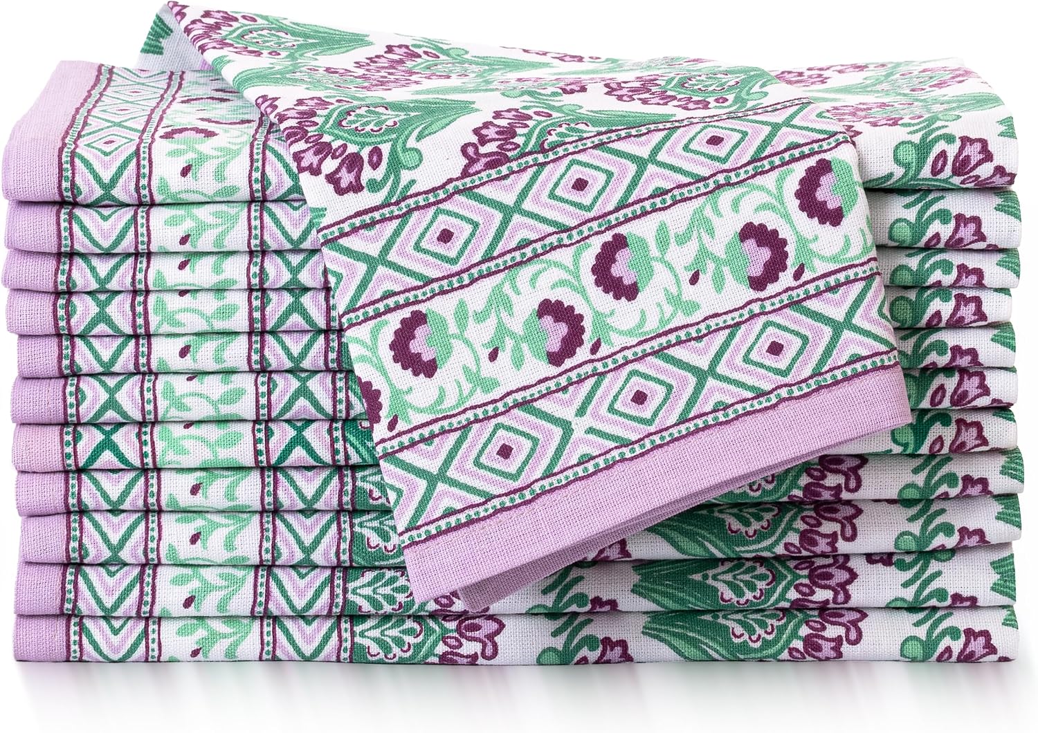 FINGERCRAFT Cloth Napkins Set of 12 Cotton Linen, 20x20 Inch Border Orchid | Mitered corner, washable, soft, absorbent