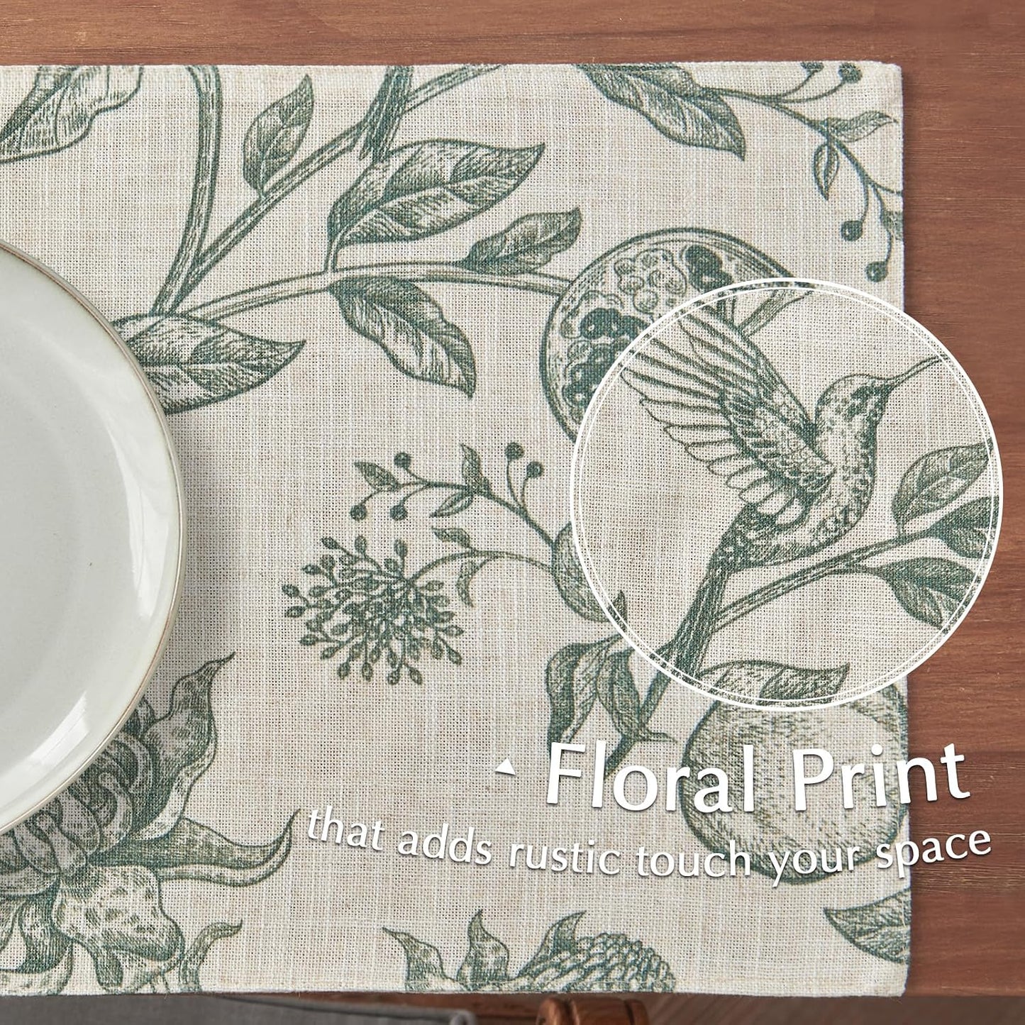 JINCHAN Linen Placemats Set of 4 Farmhouse Botanical Print 13x19 Dark Green | Fabric Placemats, Cottage Style
