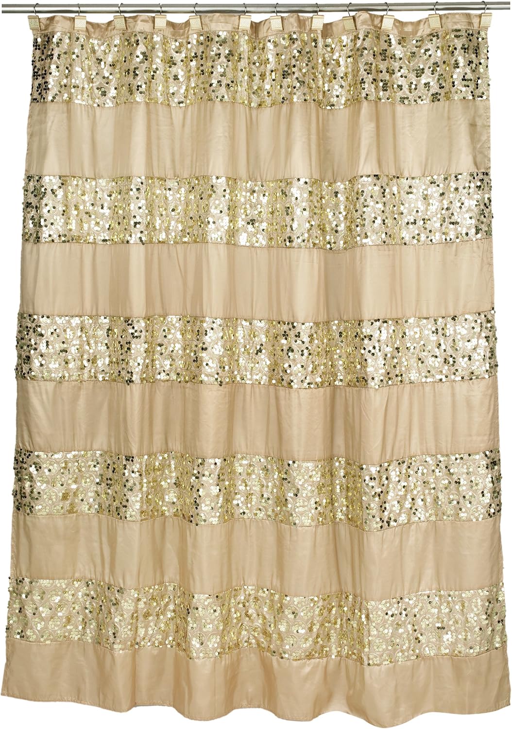 Zahari Home 13pc Sinatra Bathroom Shower Curtain Set - Gold Curtain & 12 Champagne Hooks - Luxury Fabric Bling Unique