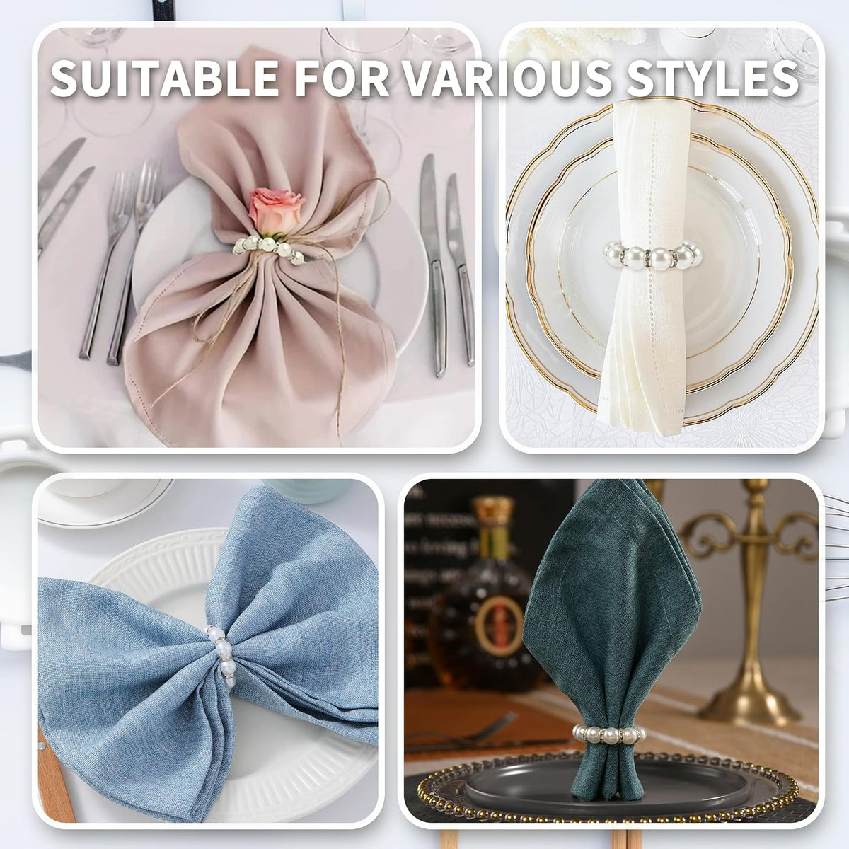 100 Pcs Silver Disposable Napkin Rings Imitation Pearl Ring Napkin Holder Delicate White Beaded Serviette Buckles for