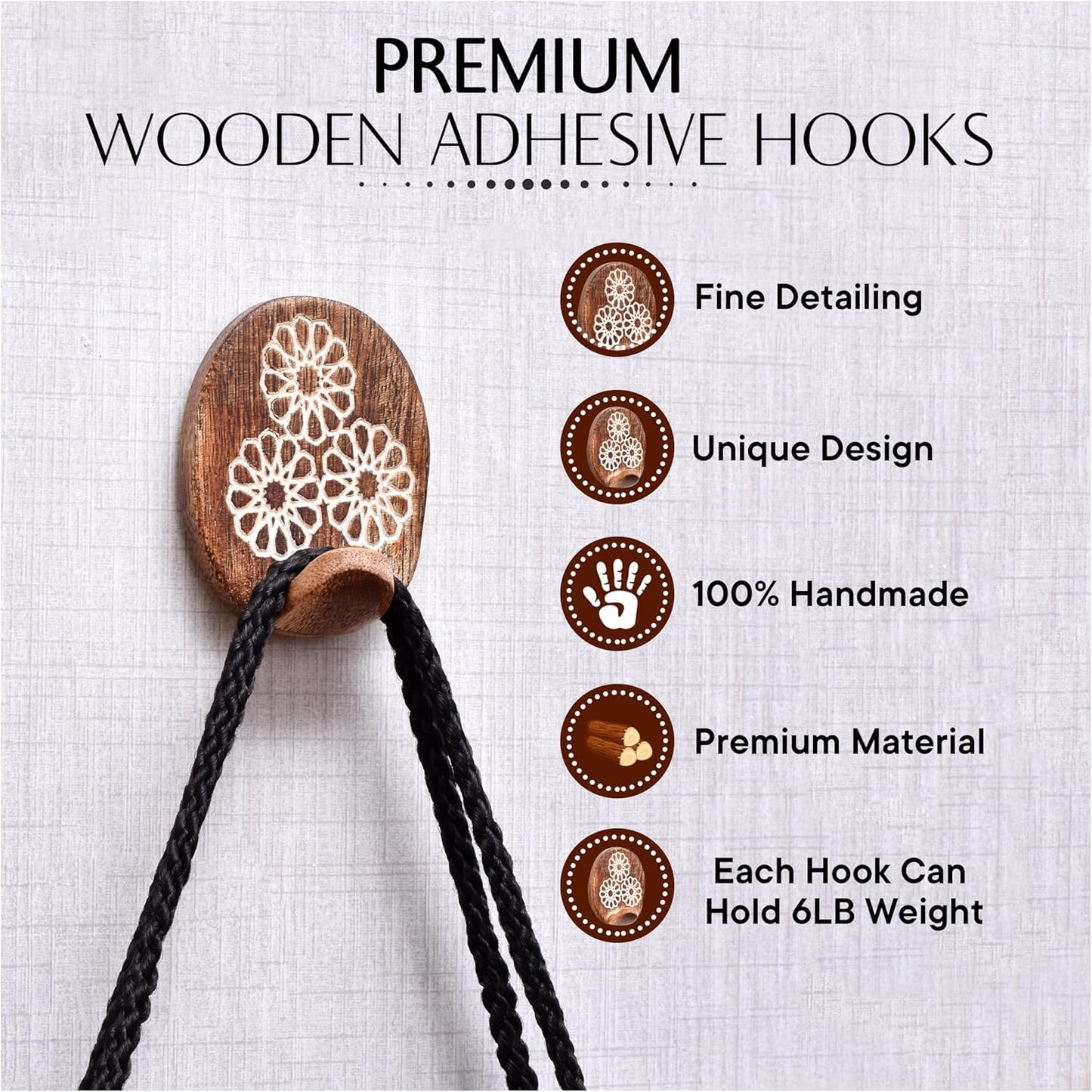 6 Lb Decorative Wood Adhesive Wall Hooks-Boho Peel and Stick Hooks / Brown Style 7 / Set of 6