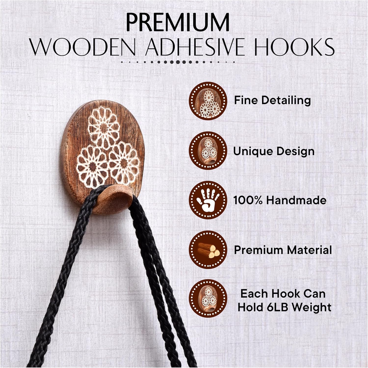 6 Lb Decorative Wood Adhesive Wall Hooks-Boho Peel and Stick Hooks / Brown Style 7 / Set of 6