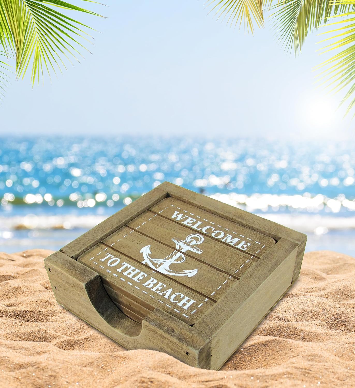 COTA Global Nautical Wooden Coaster and Holder Set