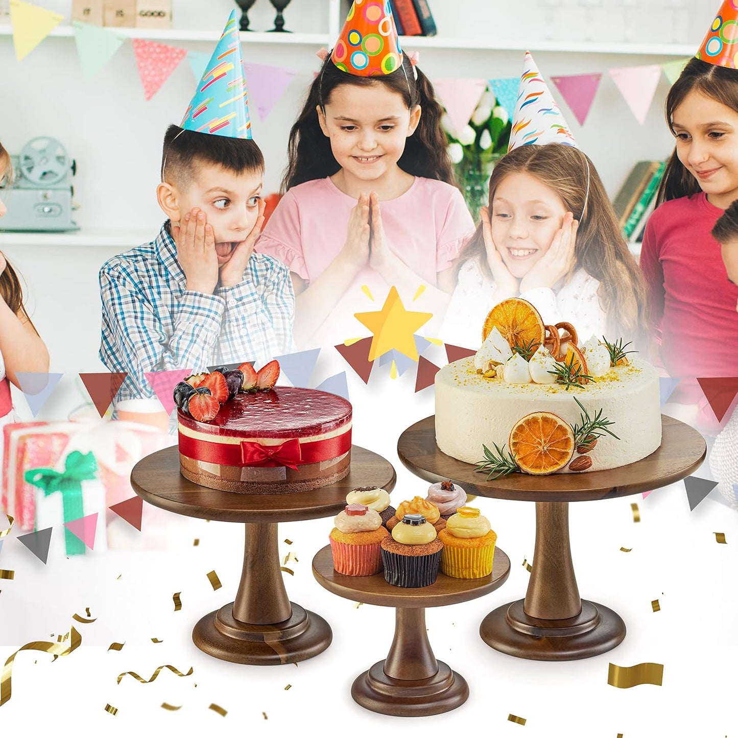 Wood Cake Stand Set / Acacia / Small, Medium, and Large / Set of 3