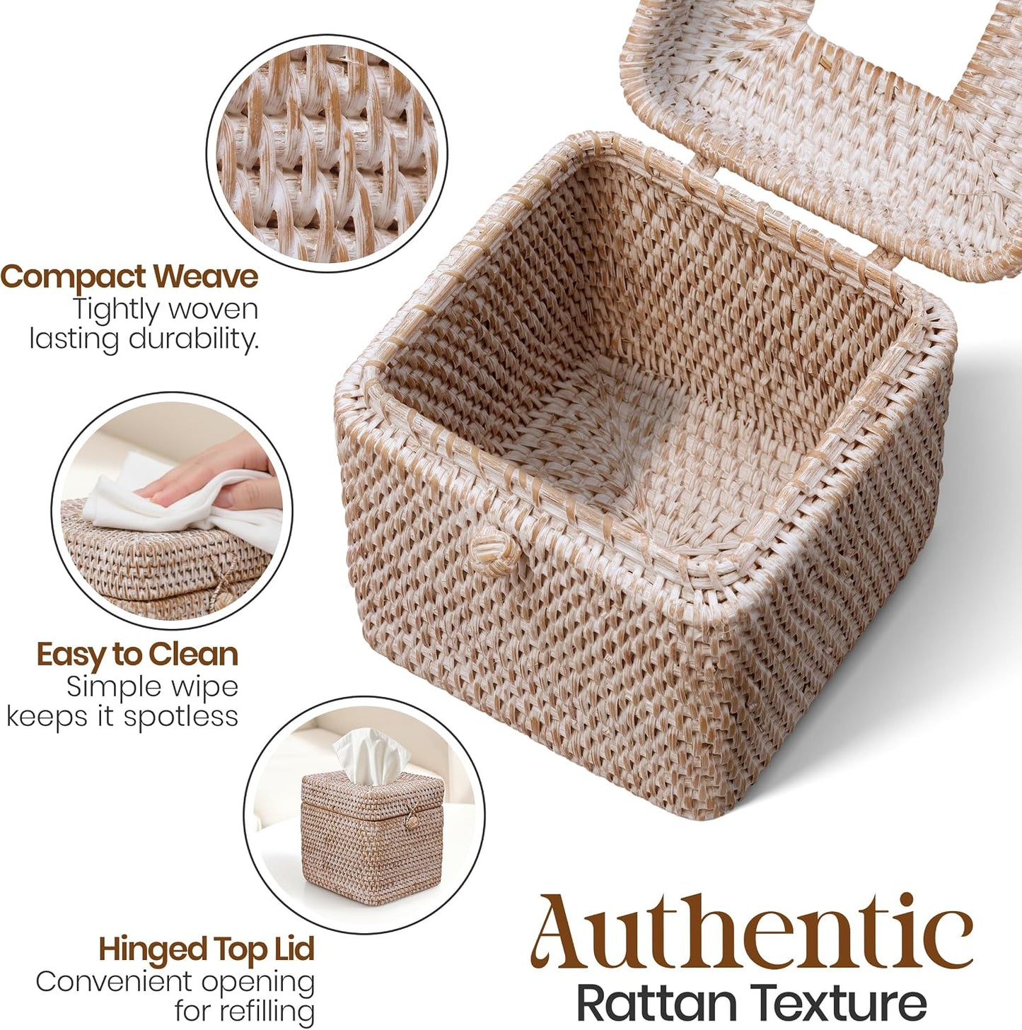 Rattan Tissue Box Cover / Whitewash / 5.5 x 5.5 x 5.9