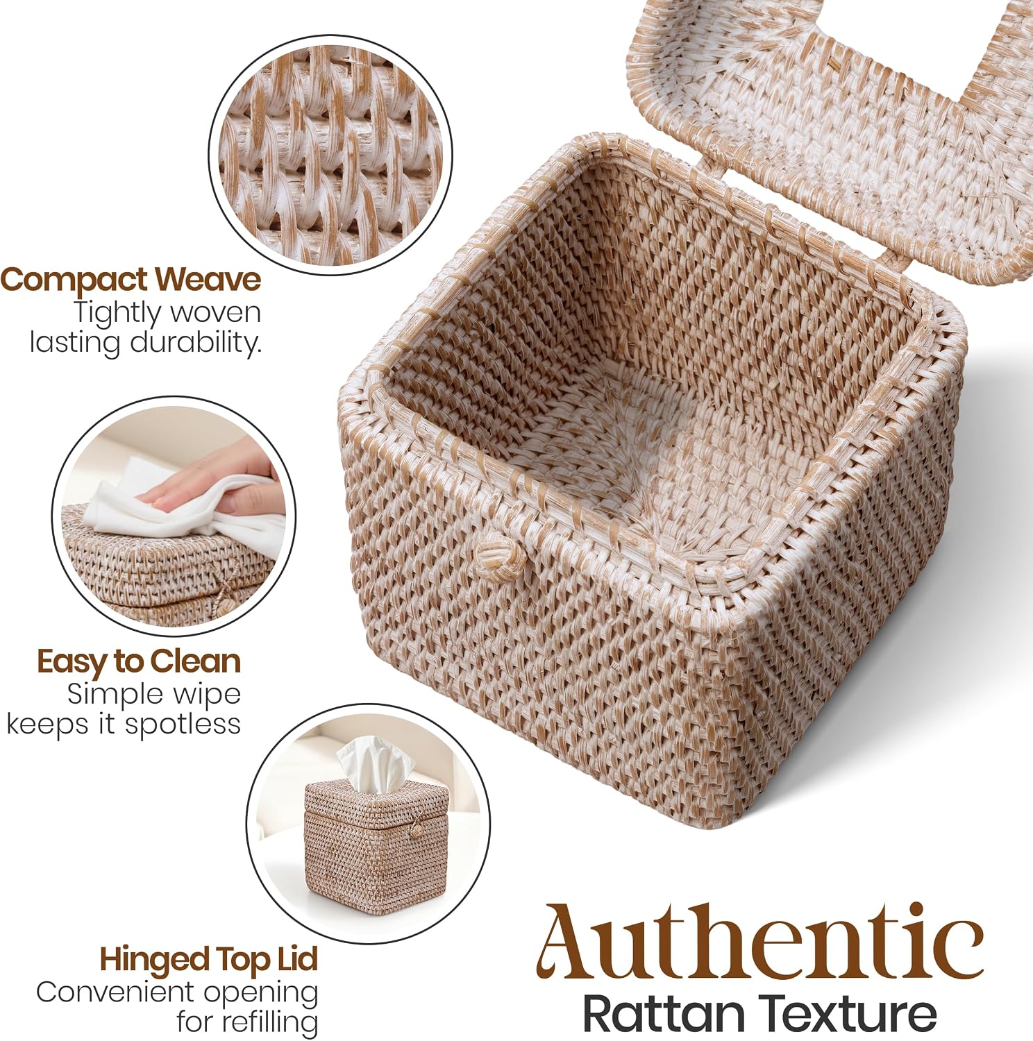 Rattan Tissue Box Cover / Whitewash / 5.5 x 5.5 x 5.9