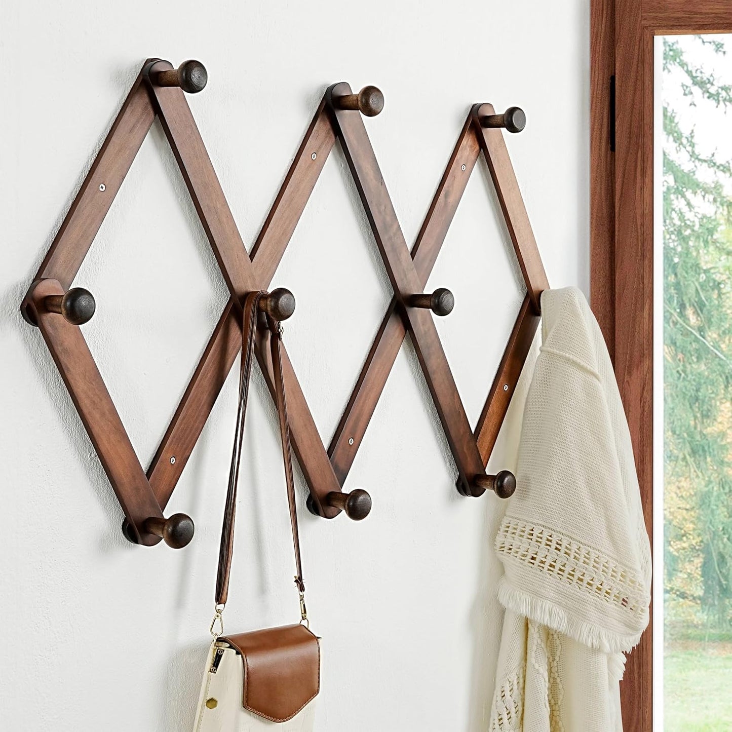Expandable Coat Rack (Larger Version) - 24” High, Anti-Slip, Ultra Heavy Duty Wooden Accordian Wall Hanger with 10
