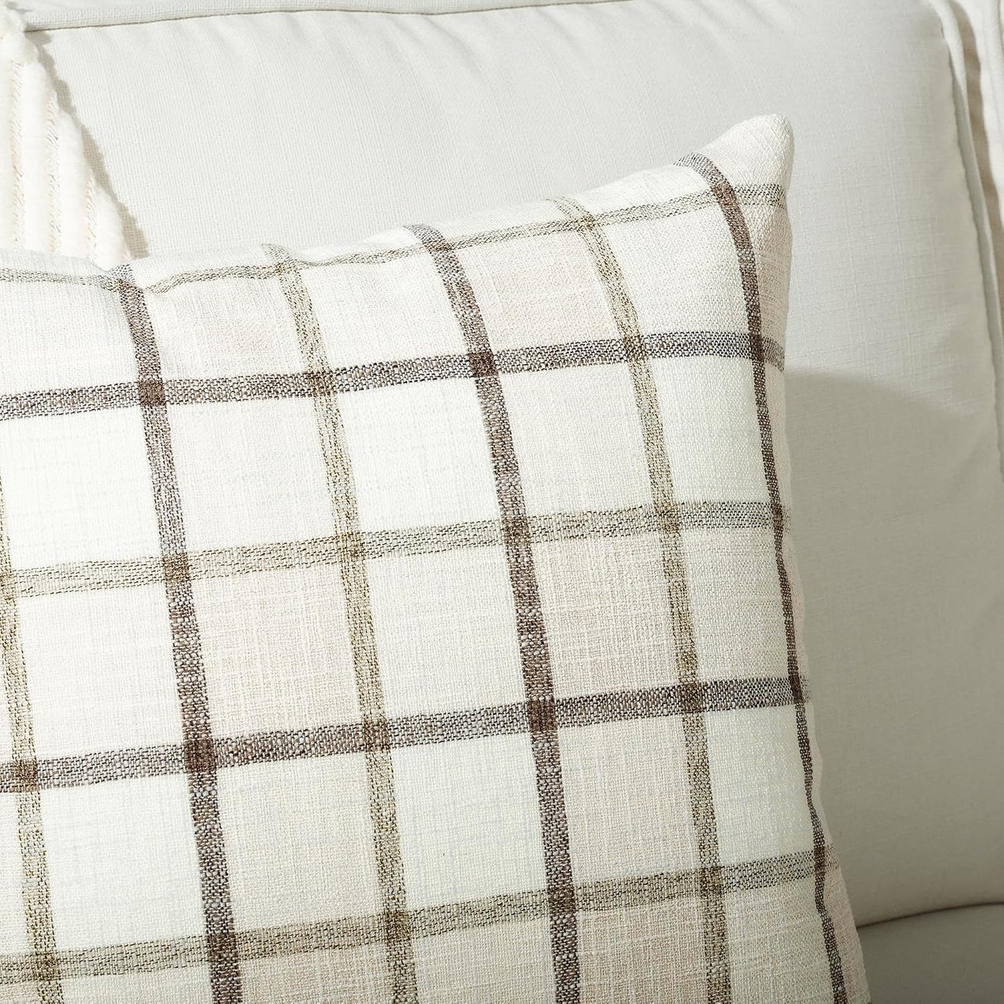 Fall Lumbar Linen Buffalo Check Throw Pillow Covers Autumn / 20 x 12 / Check-beige / Set of 2