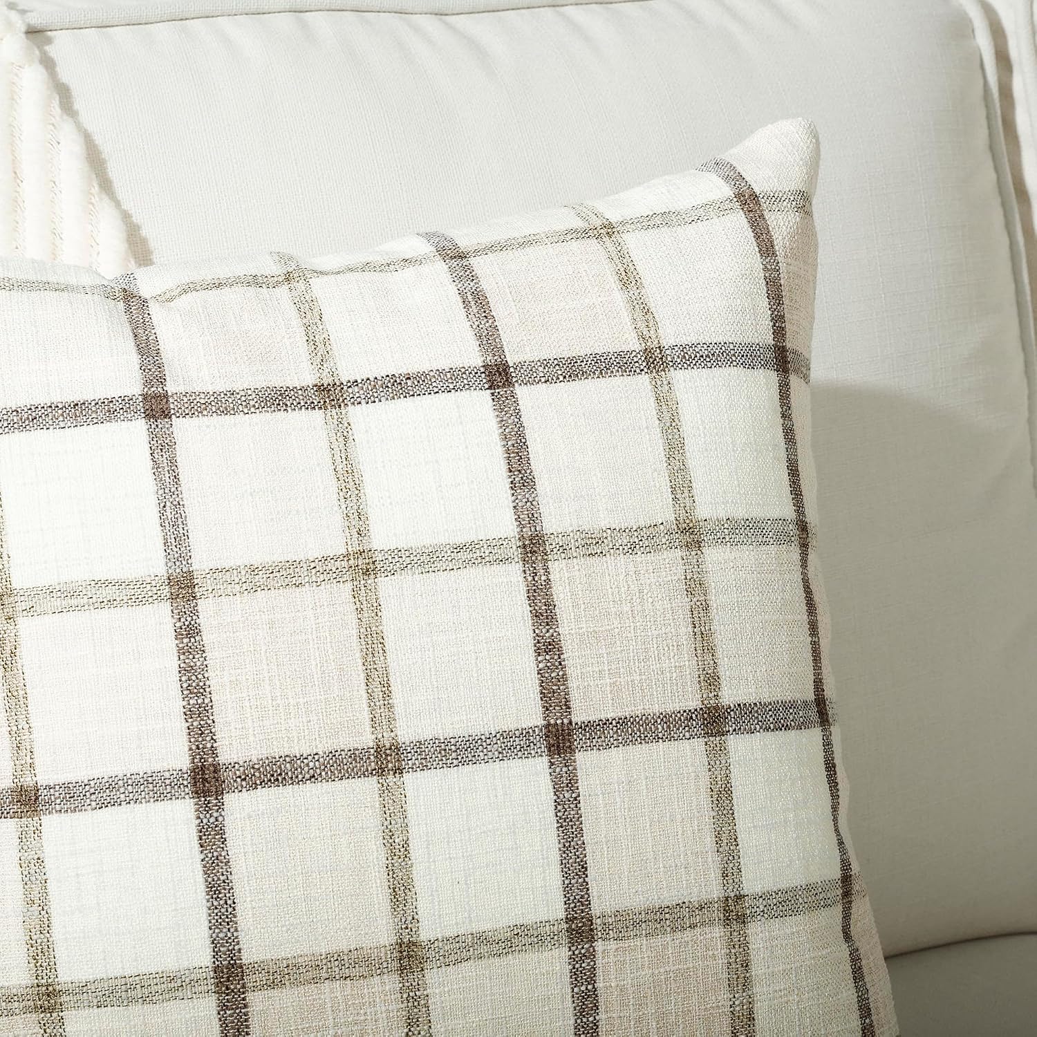 Fall Lumbar Linen Buffalo Check Throw Pillow Covers Autumn / 20 x 12 / Check-beige / Set of 2