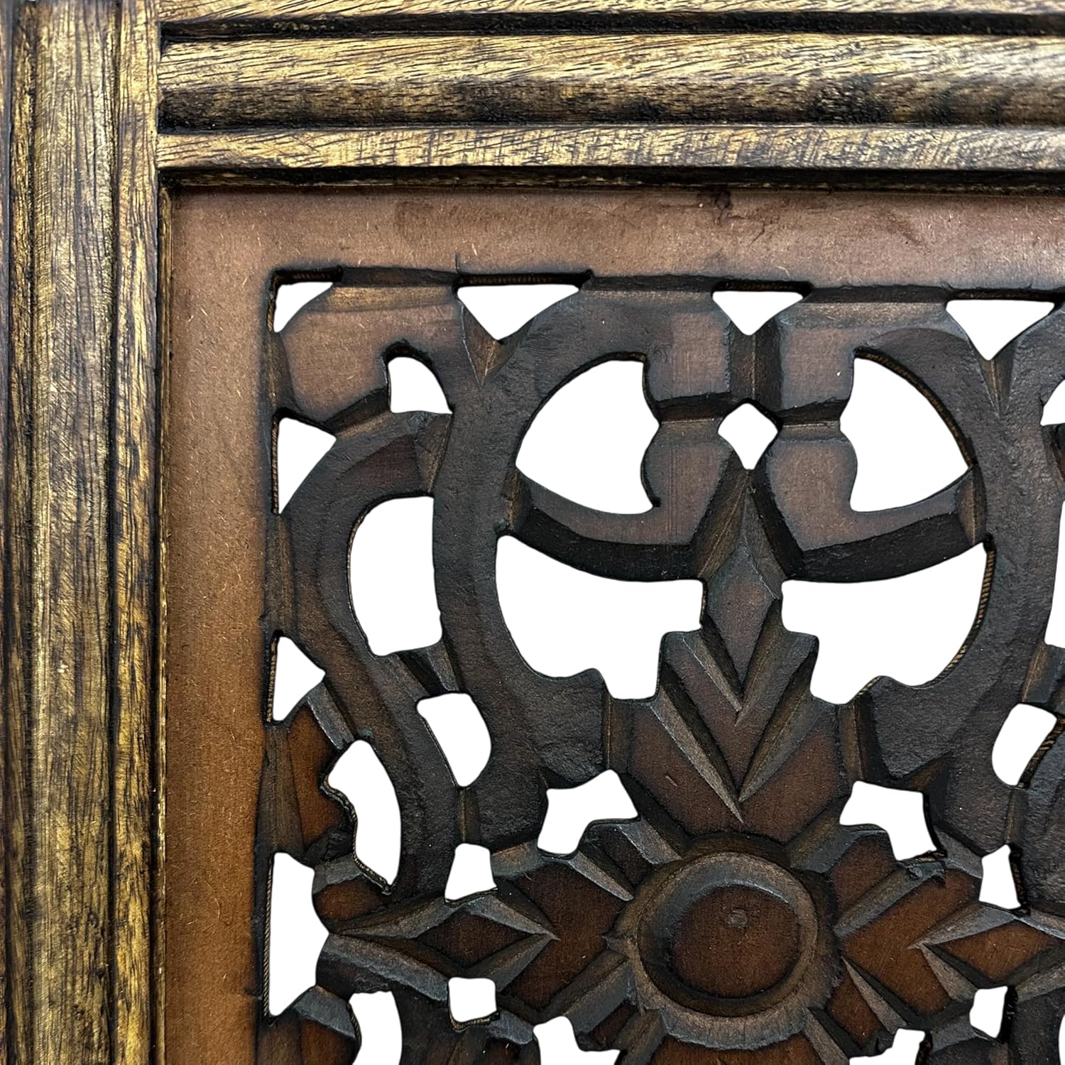 Floral Hand Carved Wooden Wall Panels / Rustic Brown / Set of 2