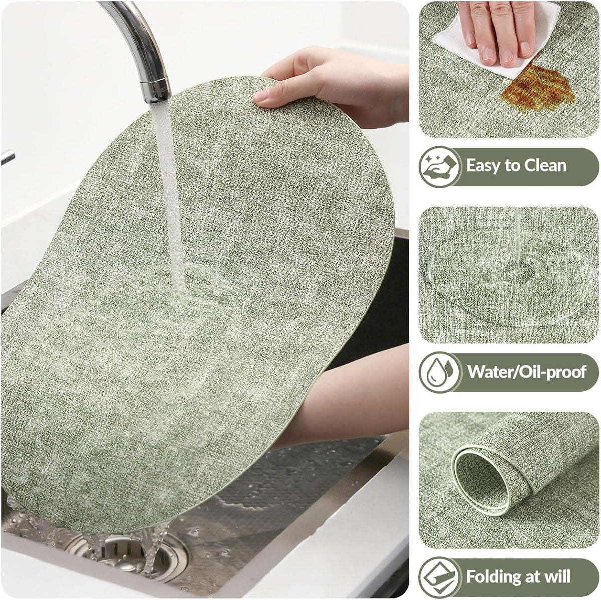 Placemats Set of 6, 11.8 x 17 Inch, Grass Green | Heat Resistant Oval Faux Leather Place Mats, Waterproof Wipeable