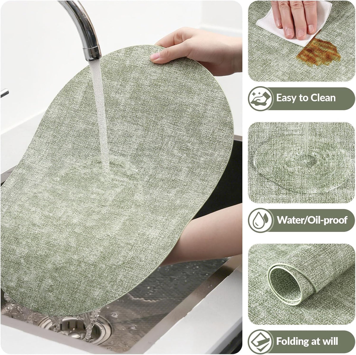 Placemats Set of 4, 11.8 x 17 Inch, Grass Green | Heat Resistant Oval Faux Leather Place Mats, Waterproof Wipeable