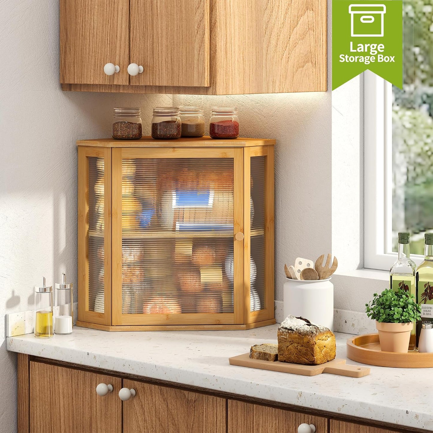 BMOSU Corner Bread Box for Kitchen Countertop Double Layer Bamboo Wooden Bread box Large Capacity Bread Storage