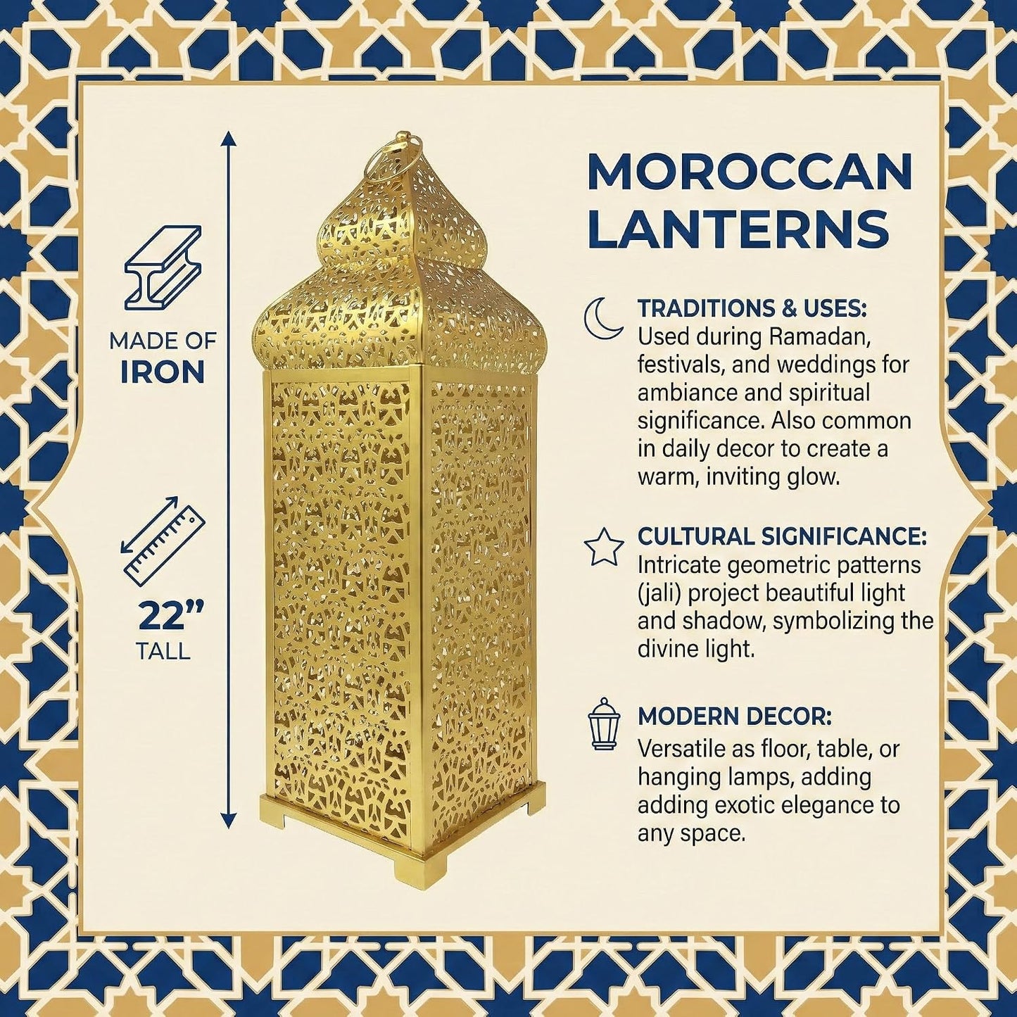 Vela Lanterns Decorative Indoor Tall Moroccan Floor Candle Holder, Gold, XL | Ramadan Decorations for Home, Extra Large