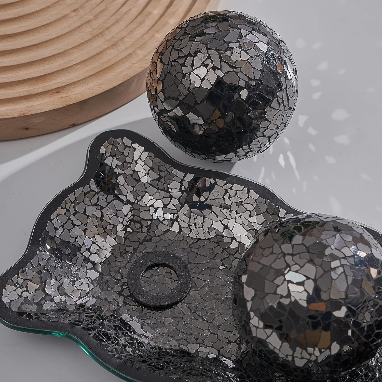 12.4" Mosaic Glass Decorative Tray Dish Plate / Black / Set of 3
