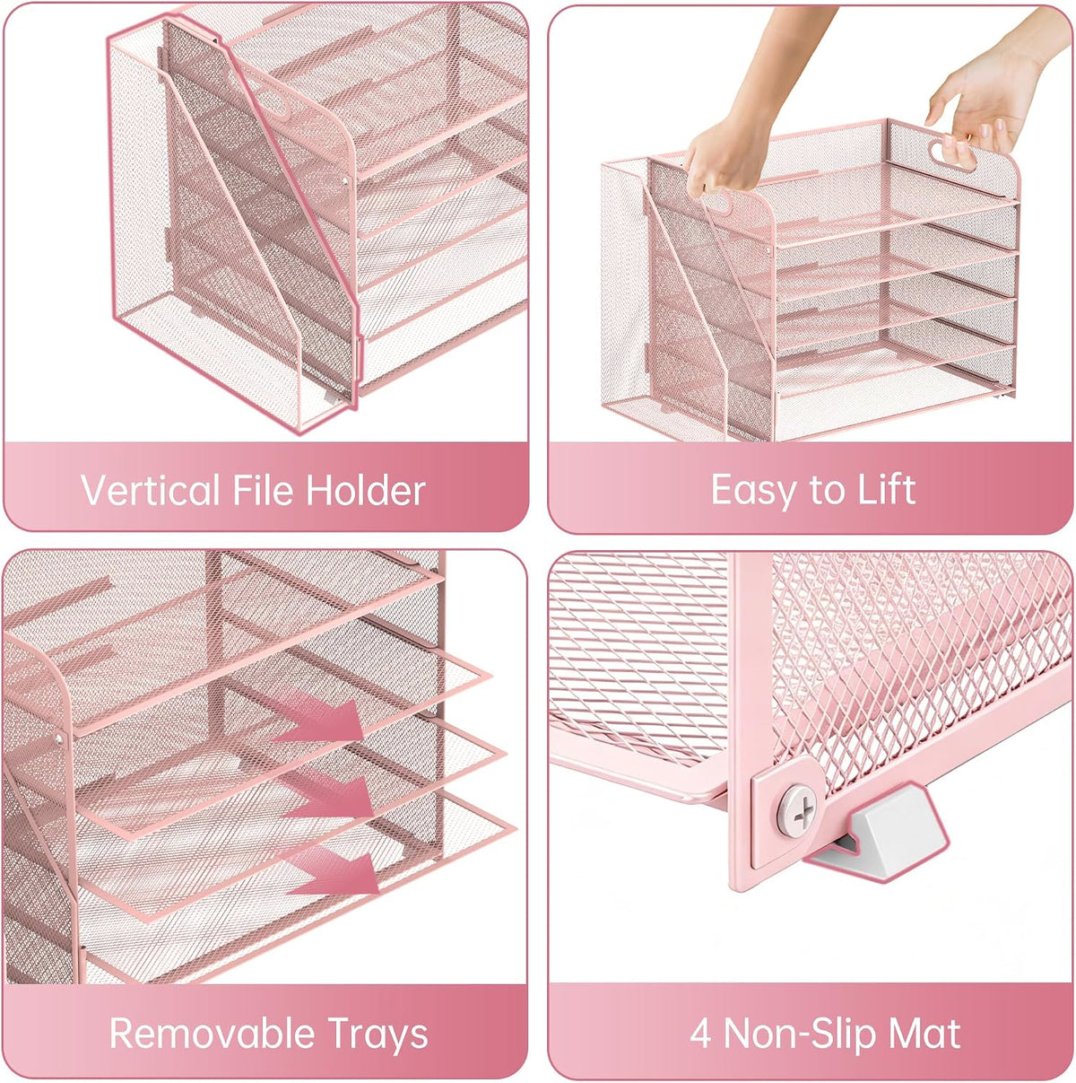 5-Tier Desk Organizer with File Holder, Paper Organizer for Desk, Pink | 5 Letter Trays and Vertical File Holder with