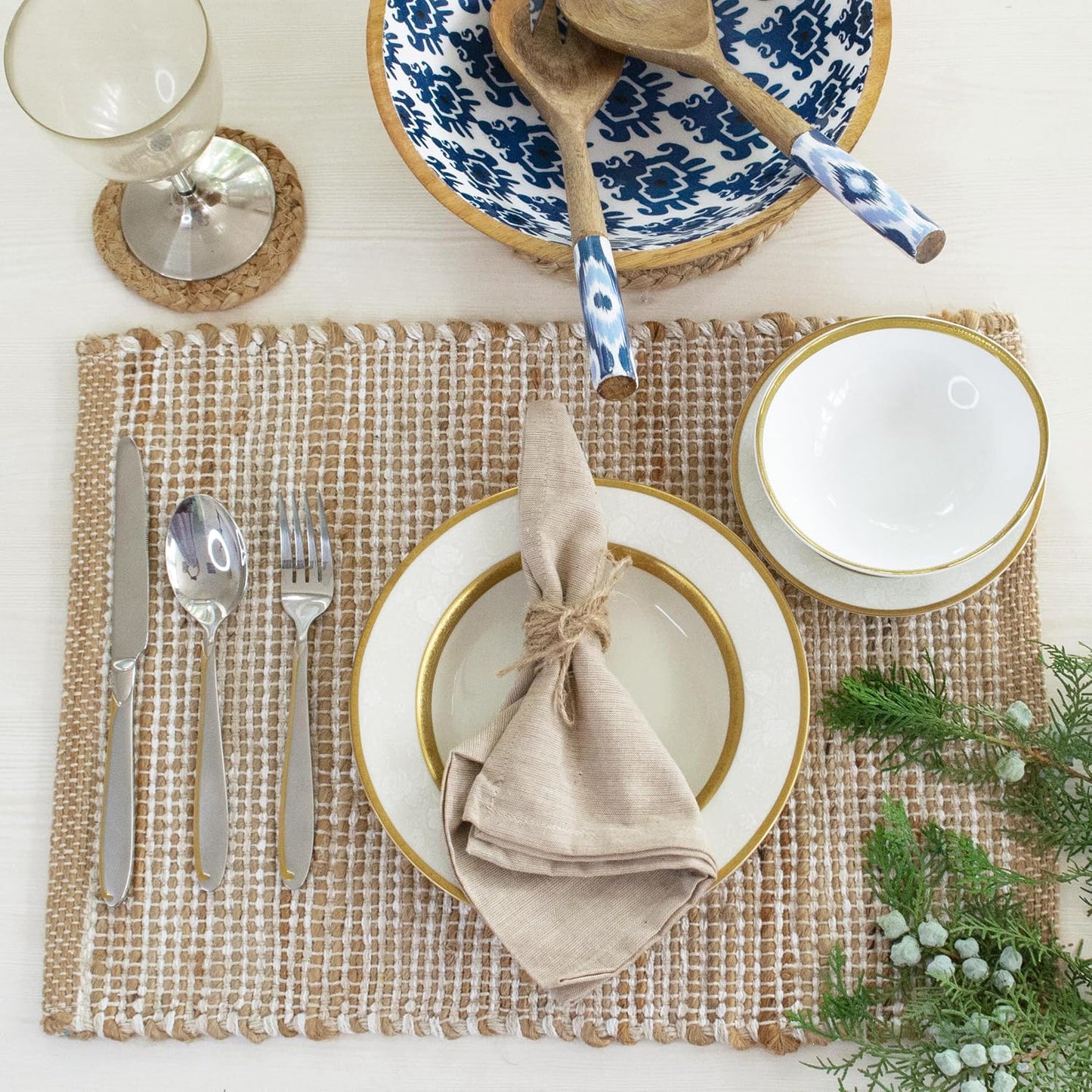 Natural Jute and Ivory Placemats, Set of 4 – Rustic Handmade Boho Table Mats, 13x19 Inch Dining Table Placemats for