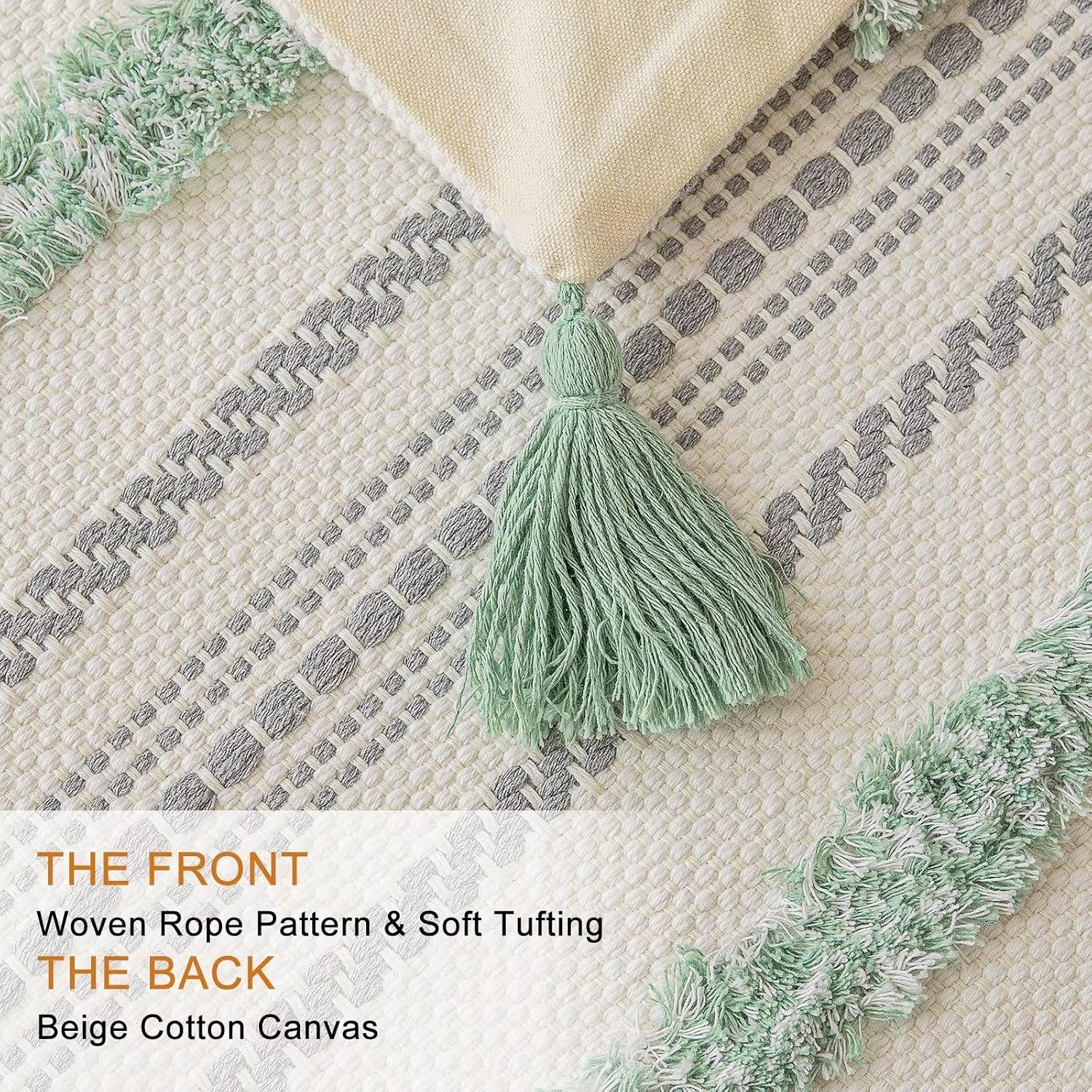 Boho Throw Pillow Covers Woven Tufted Farmhouse Pillows Cover / Light Green / 18 x 18 / Set of 2