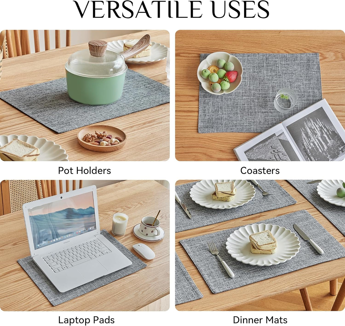 Softalker Faux Linen Cloth Placemats Set of 8-12 x 18 Inch, Light Grey | Double Layered Durable Burlap Farmhouse Place