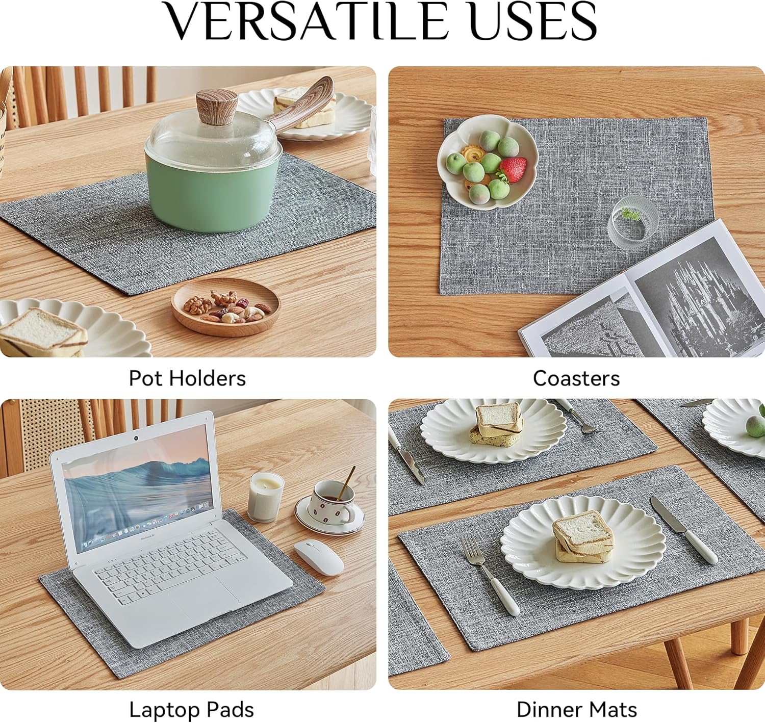 Softalker Faux Linen Cloth Placemats Set of 8-12 x 18 Inch, Light Grey | Double Layered Durable Burlap Farmhouse Place