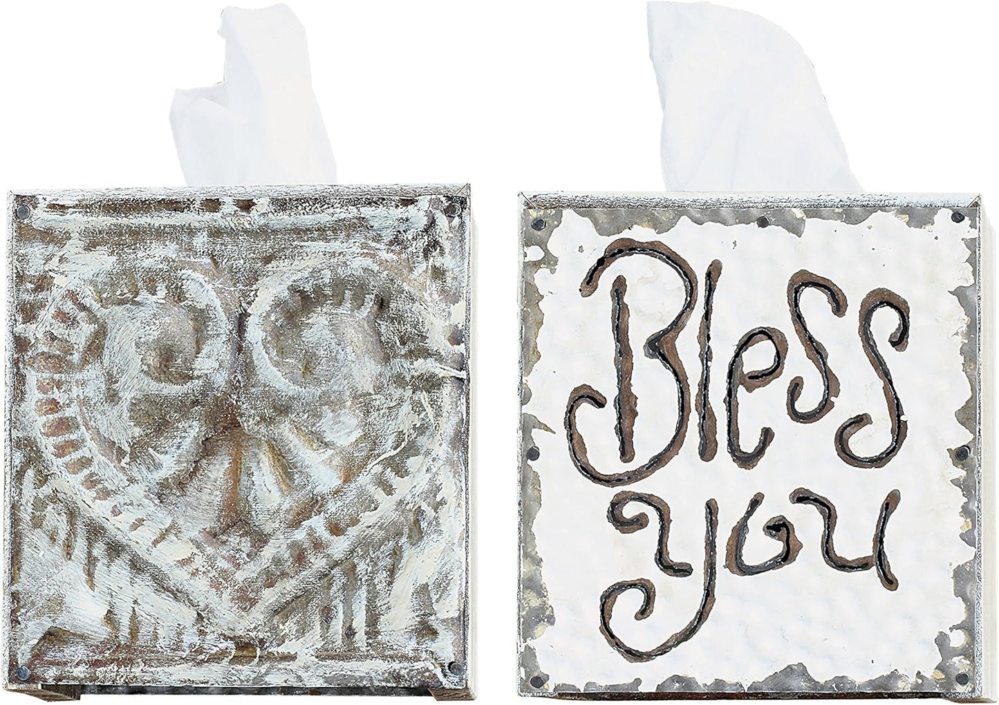 Wood & Metal Bless You Tissue Box Cover / White