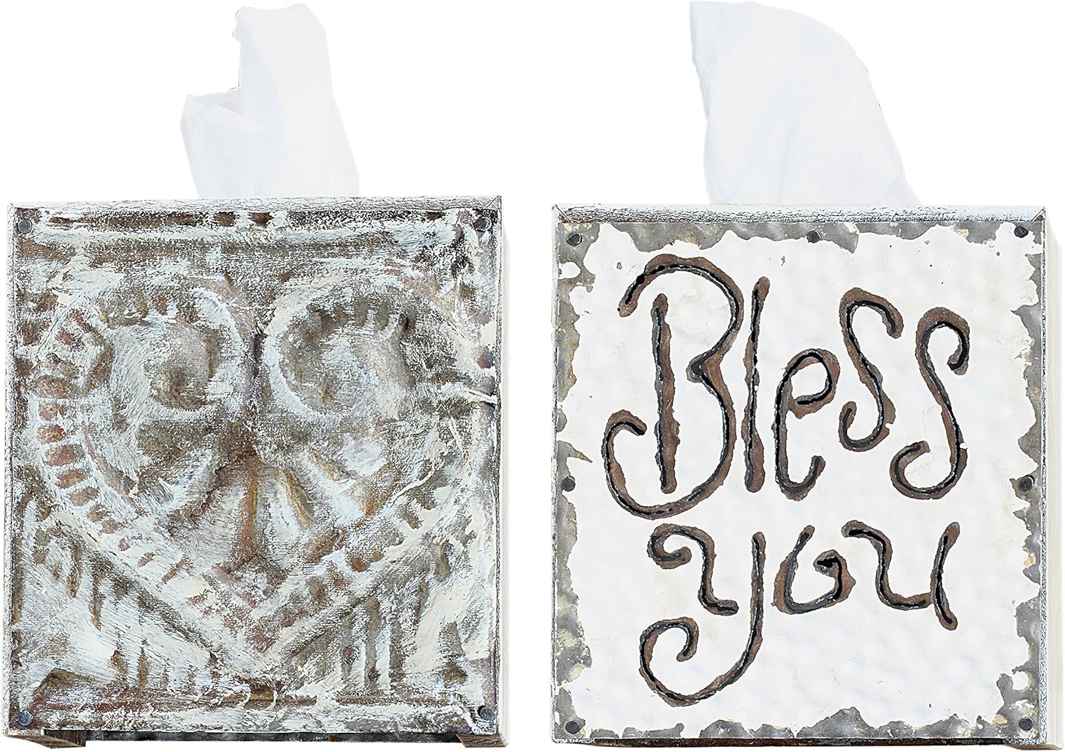 Wood & Metal Bless You Tissue Box Cover / White