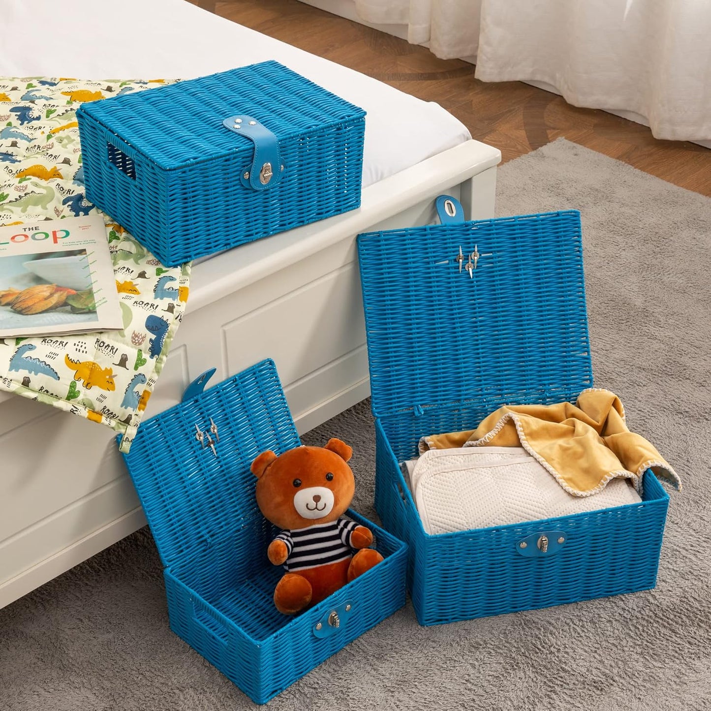 Woven Wicker Storage Basket Box / Blue / Set of 3