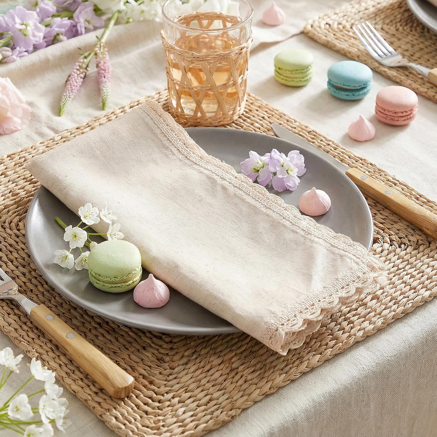Set of 12 Flax Lace Cloth Napkins 20x20 Inch - Natural | Premium Linen Cotton Reusable Dinner Napkin for Wedding
