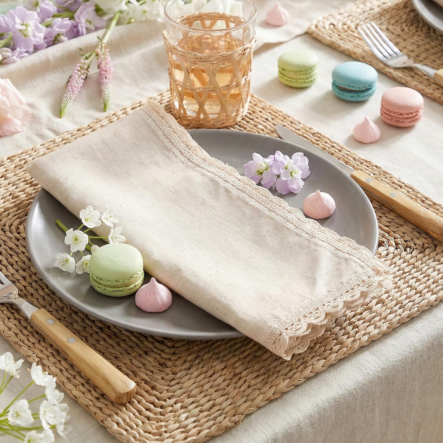 Set of 12 Flax Lace Cloth Napkins 20x20 Inch - Natural | Premium Linen Cotton Reusable Dinner Napkin for Wedding