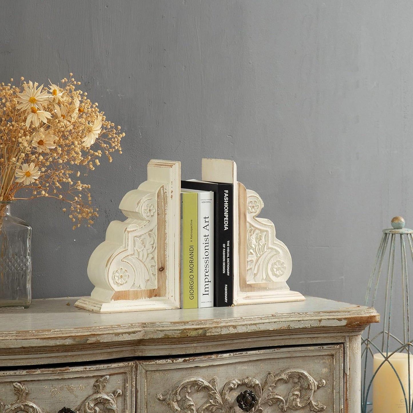Carved Pattern Farmhouse Book Ends / White