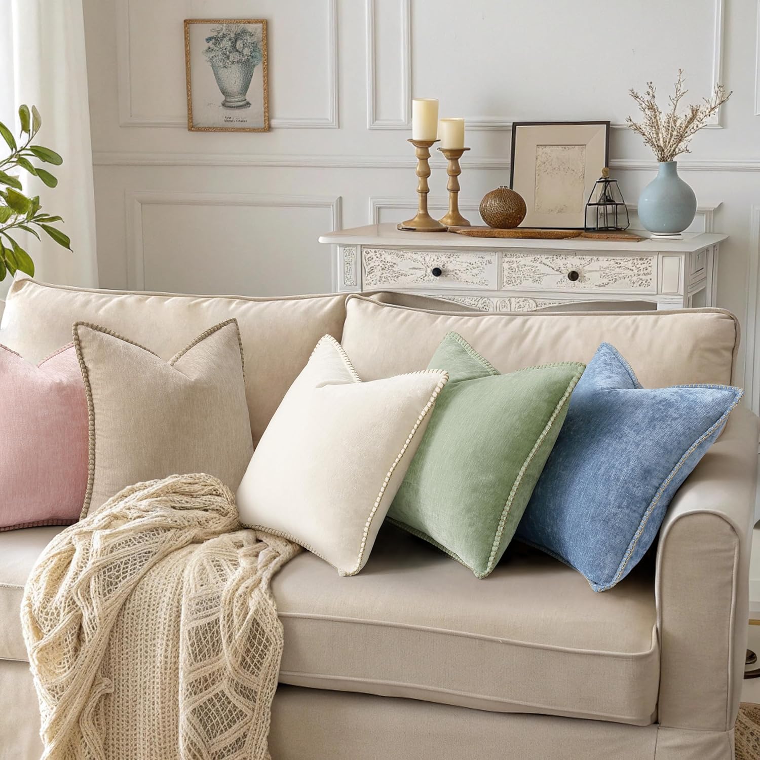 Fall Chenille Soft Throw Pillow Covers / Beige / 18 x 18 / Set of 2