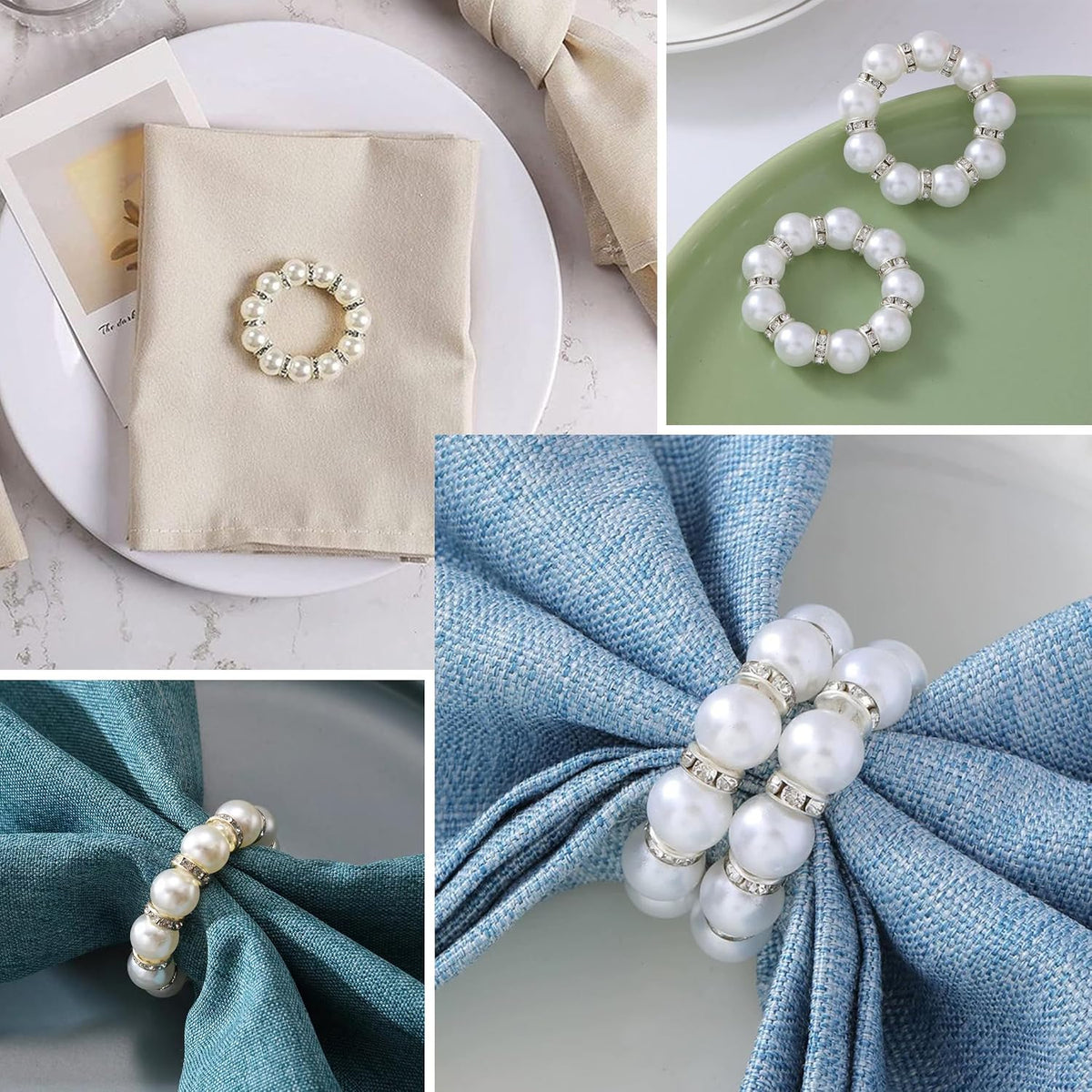 100 Pcs Silver Disposable Napkin Rings Imitation Pearl Ring Napkin Holder Delicate White Beaded Serviette Buckles for