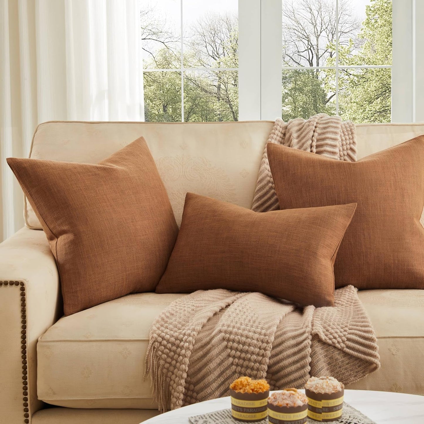 Rustic Cotton Linen Throw Pillow Covers / Caramel / 16 x 16 / Set of 2