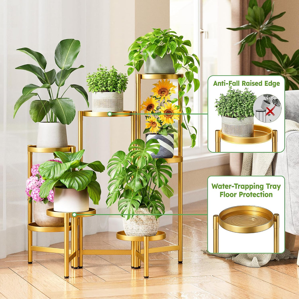 Stand Plants Gold, 7 Tiered Corner Plant Stand Indoor Outdoor, Tall Folding Rack with Rust Proof 7.9 Inch Wide Tray