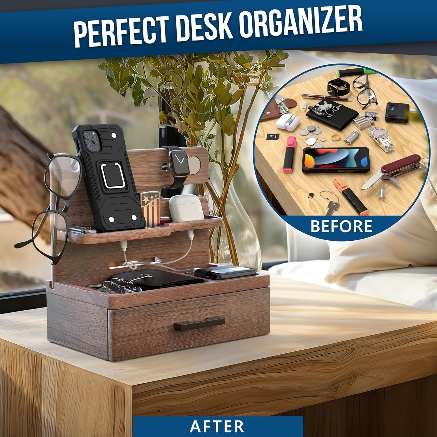 BarvA Phone Docking Station with Drawer Organizer | Night Stand Desk Charging Station | Upgraded Nightstand Organizer