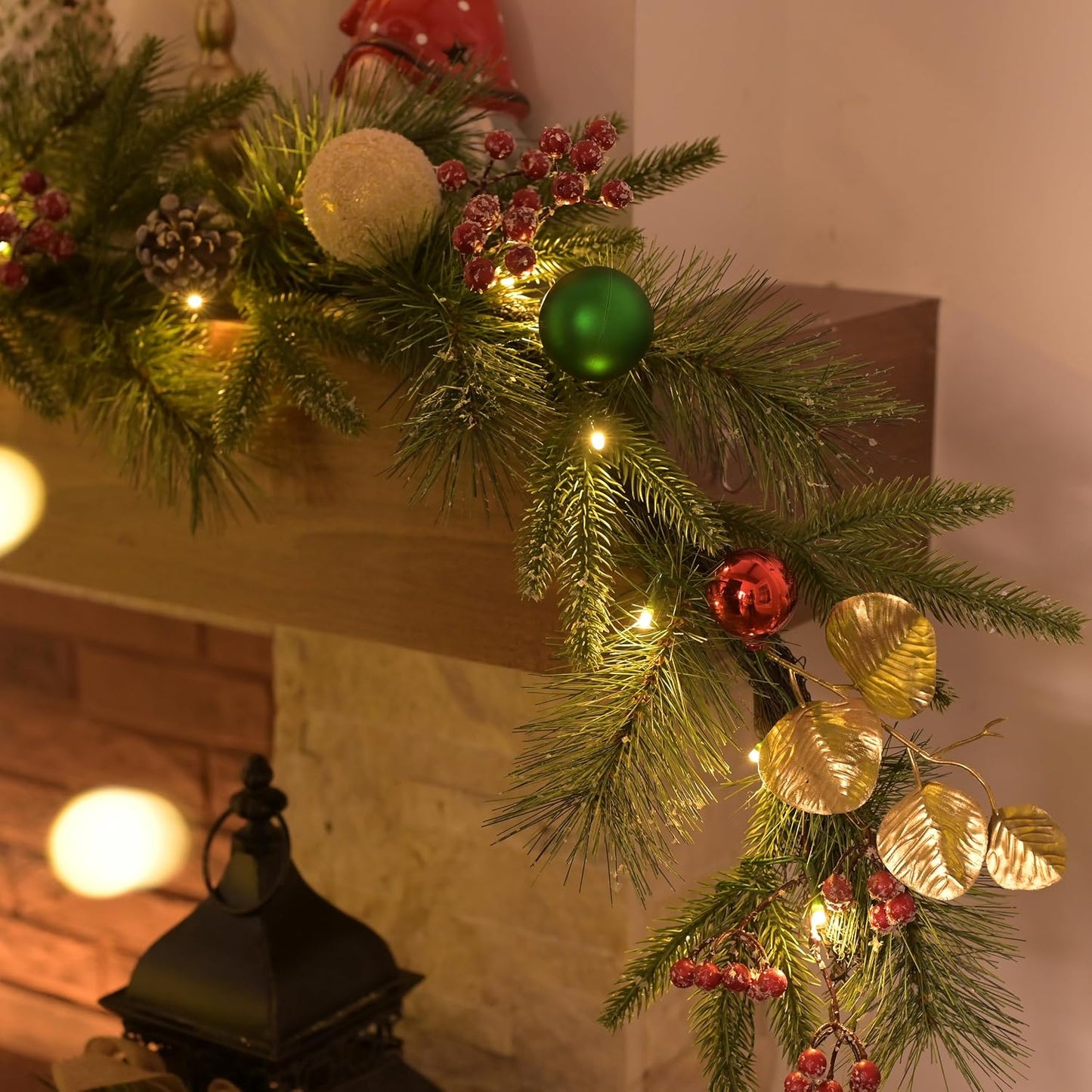 Valery Madelyn 9 Ft Pre-Lit Christmas Garland with Light for Mantle, Lighted Outdoor Xmas Garland with Red Green Gold