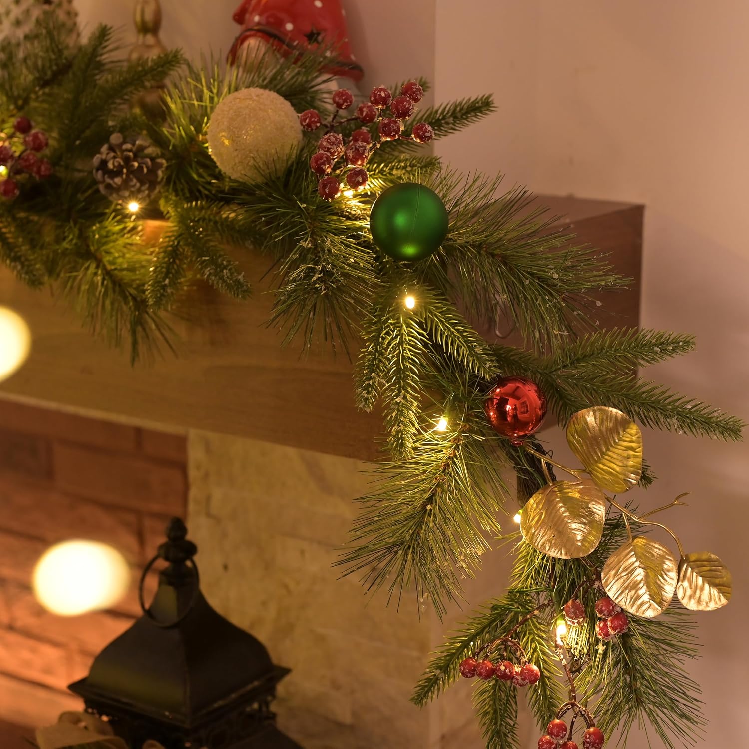 Valery Madelyn 9 Ft Pre-Lit Christmas Garland with Light for Mantle, Lighted Outdoor Xmas Garland with Red Green Gold