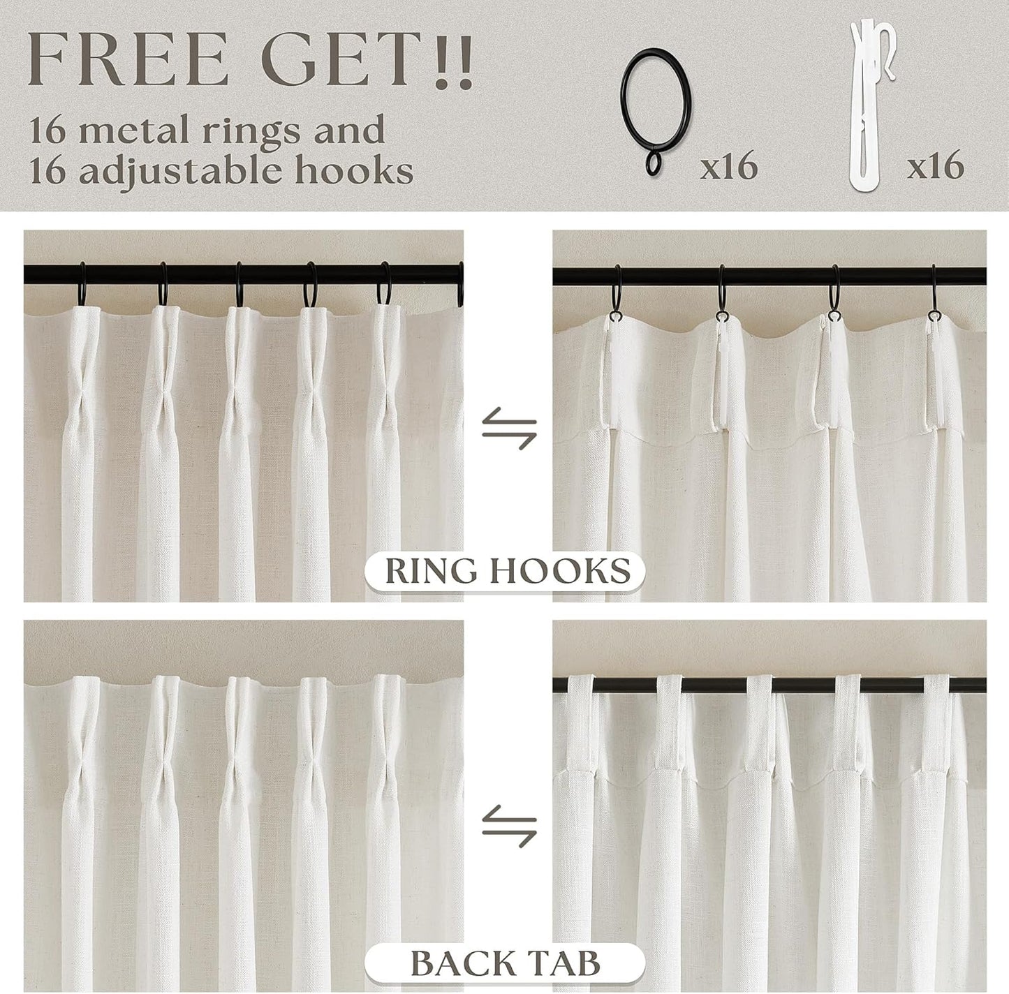 Pinch Pleated Linen Curtains Length 2 Panels / Natural / 40"W x 84"L / 84 Inch / Set of 2