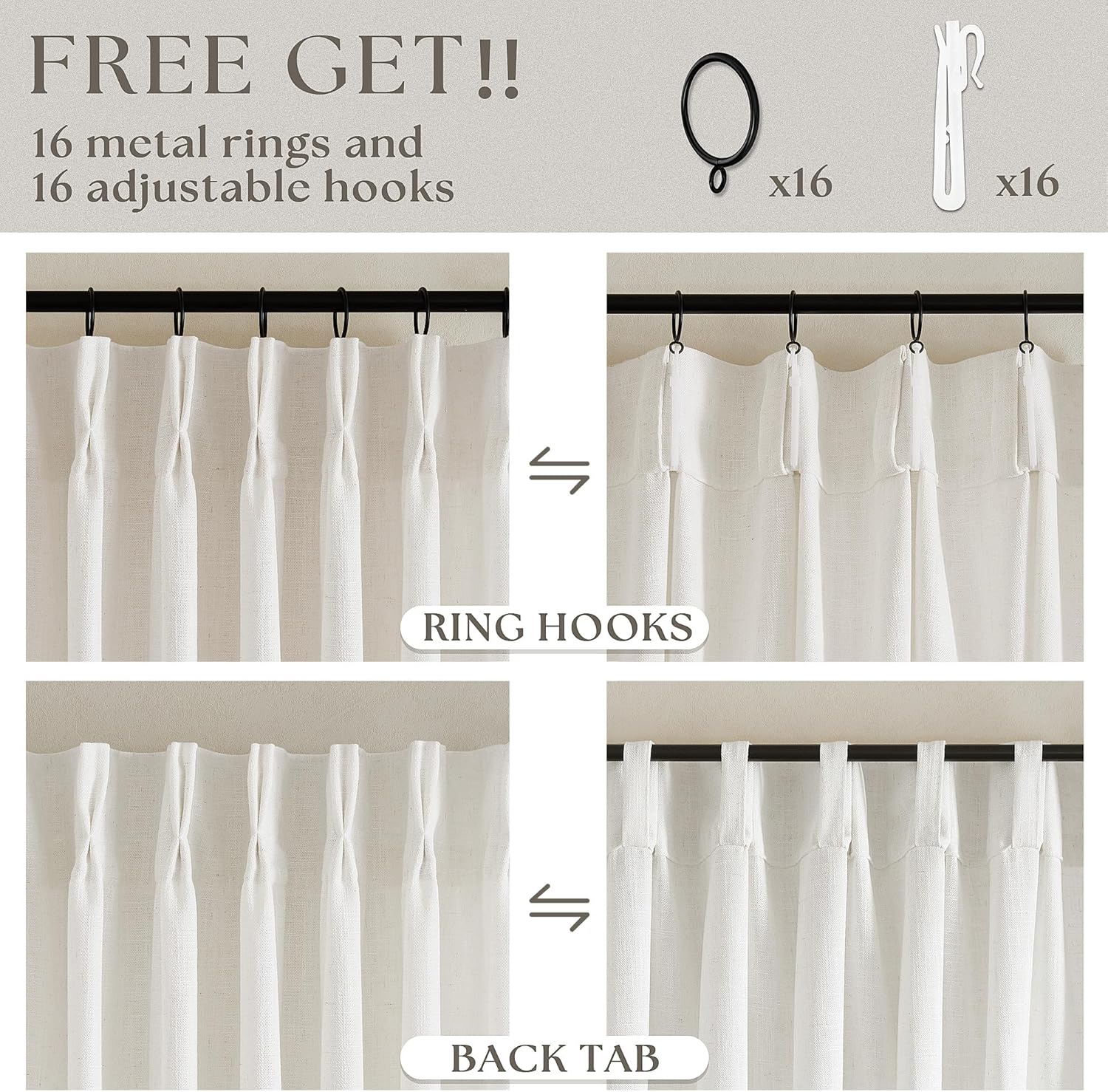 Pinch Pleated Linen Curtains Length 2 Panels / Natural / 40"W x 84"L / 84 Inch / Set of 2