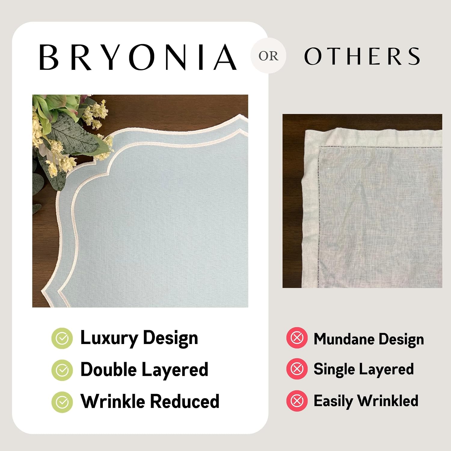 Cotton Linen Scalloped & Embroidered Placemats Set of 4, Light Blue | Bryonia Double Layered Machine Washable Cloth