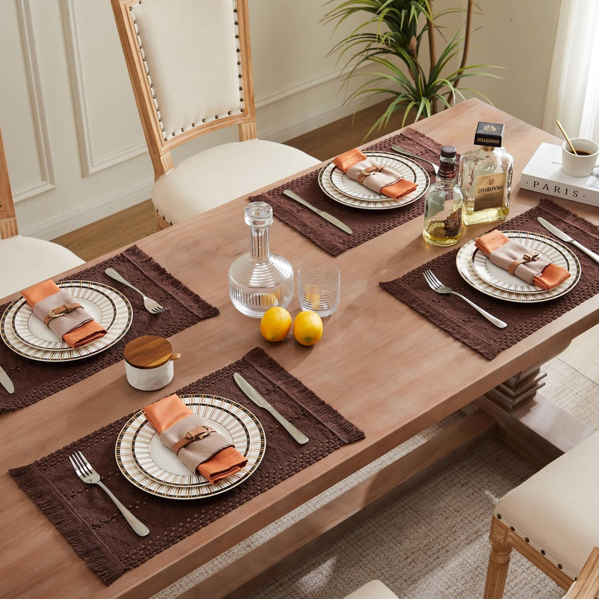Macrame Style Boho Placemats Set of 6, Chocolate 12x20 Inch | Decorative Farmhouse Table Mats, Natural Cotton Woven